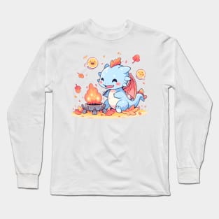 Happy Blue Dragon with an Autumn Campfire Long Sleeve T-Shirt